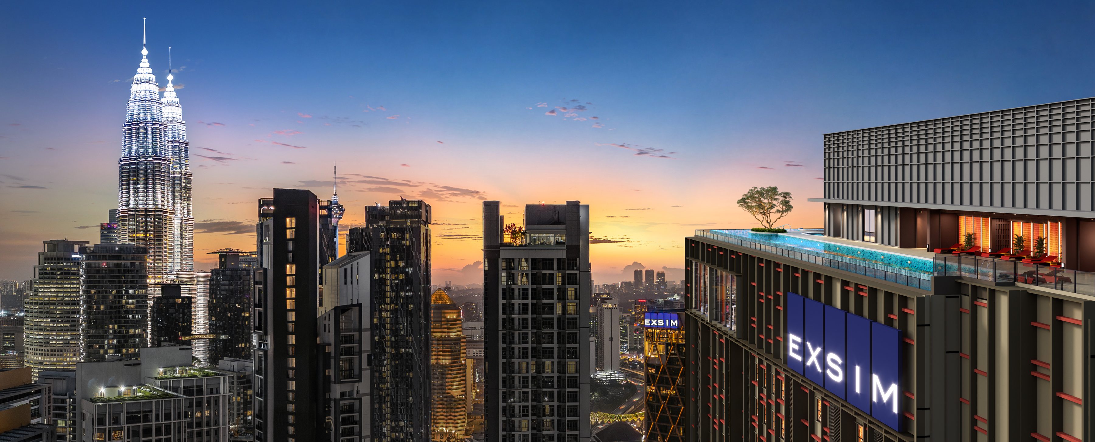 Artist's impression of Phoeniz Suites' sky facilities facing the PETRONAS Twin Towers and KL skyline at dusk